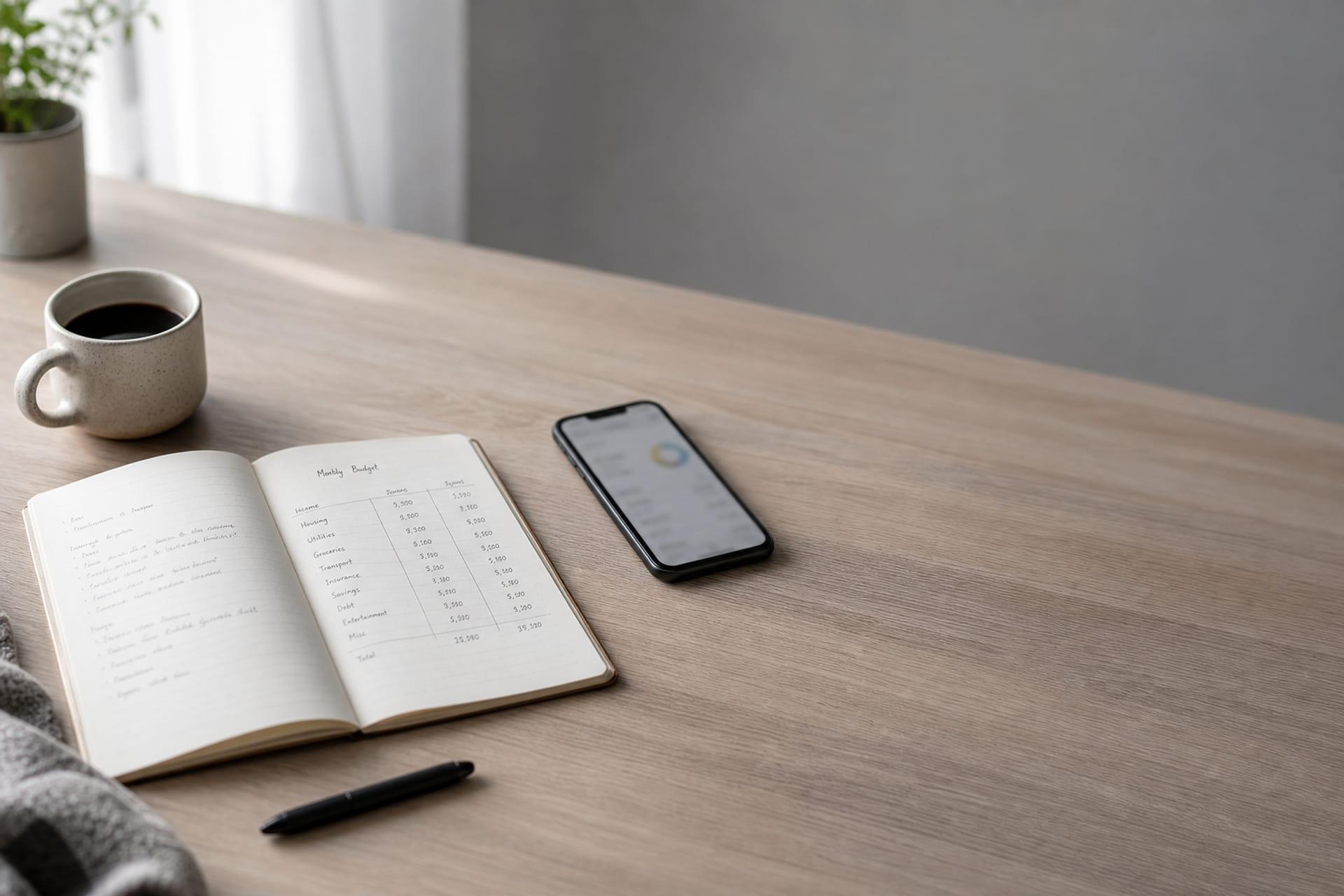 A notebook and phone on a calm desk, set up for planning a month of expenses